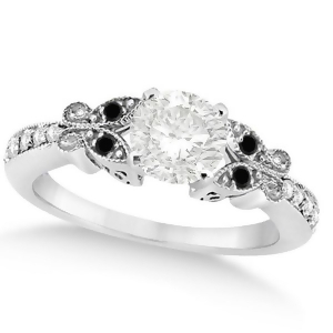 Round Black and White Diamond Butterfly Engagement Ring 14k W Gold 0.75ct - All