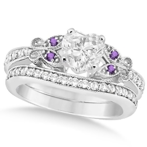 Heart Diamond and Amethyst Butterfly Bridal Set in 14k W Gold 1.21ct - All
