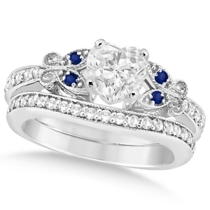 Heart Diamond and Blue Sapphire Butterfly Bridal Set in 14k W Gold 0.96ct - All
