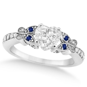 Heart Diamond and Blue Sapphire Butterfly Engagement Ring 14k W Gold 1.00ct - All