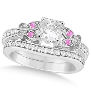 Princess Diamond and Pink Sapphire Butterfly Bridal Set in 14k W Gold 0.96ct - All