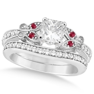 Princess Diamond and Ruby Butterfly Bridal Set 14k White Gold 0.71ct - All
