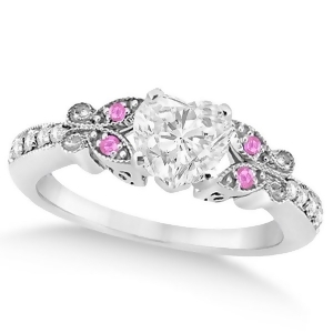 Heart Diamond and Pink Sapphire Butterfly Engagement Ring 14k W Gold 0.75ct - All
