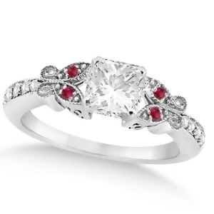 Princess Diamond and Ruby Butterfly Engagement Ring 14k White Gold 1.00ct - All