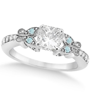 Princess Diamond and Aquamarine Butterfly Engagement Ring 14k W Gold 0.75ct - All