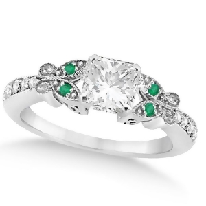 Princess Diamond and Emerald Butterfly Engagement Ring 14k W Gold 0.50ct - All