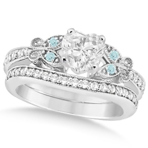 Heart Diamond and Aquamarine Butterfly Bridal Set in 14k W Gold 0.71ct - All