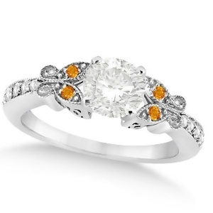 Round Diamond and Citrine Butterfly Engagement Ring in 14k W Gold 0.75ct - All