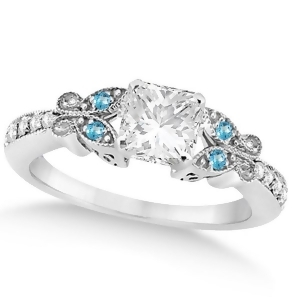 Princess Diamond and Blue Topaz Butterfly Engagement Ring 14k W Gold 1.00ct - All