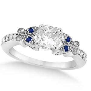 Princess Diamond and Blue Sapphire Butterfly Engagement Ring 14k W Gold 0.50ct - All