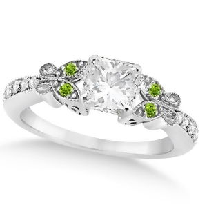 Princess Diamond and Peridot Butterfly Engagement Ring 14k W Gold 0.75ct - All