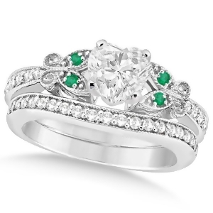 Heart Diamond and Emerald Butterfly Bridal Set in 14k W Gold 1.21ct - All