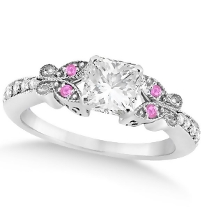 Princess Diamond and Pink Sapphire Butterfly Engagement Ring 14k W Gold 1.00ct - All