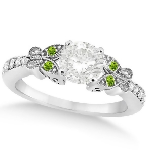 Round Diamond and Peridot Butterfly Engagement Ring in 14k W Gold 1.00ct - All
