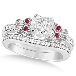 Heart Diamond and Ruby Butterfly Bridal Set in 14k White Gold 0.96ct - All