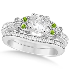 Princess Diamond and Peridot Butterfly Bridal Set in 14k W Gold 0.71ct - All