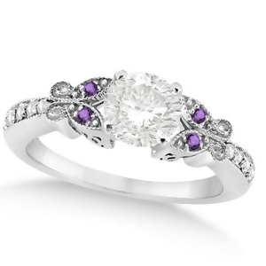 Round Diamond and Amethyst Butterfly Engagement Ring 14k W Gold 0.75ct - All