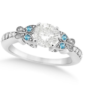 Round Diamond and Blue Topaz Butterfly Engagement Ring in 14k W Gold 0.75ct - All