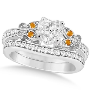 Heart Diamond and Citrine Butterfly Bridal Set in 14k W Gold 0.96ct - All