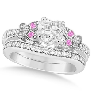 Heart Diamond and Pink Sapphire Butterfly Bridal Set in 14k W Gold 1.21ct - All