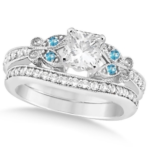 Princess Diamond and Blue Topaz Butterfly Bridal Set 14k W Gold 0.96ct - All