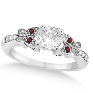Princess Diamond and Garnet Butterfly Engagement Ring 14k W Gold 1.00ct - All