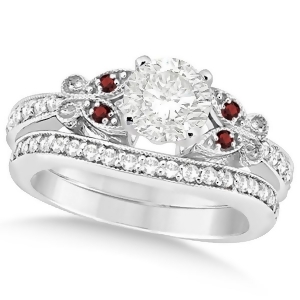 Round Diamond and Garnet Butterfly Bridal Set in 14k White Gold 1.21ct - All