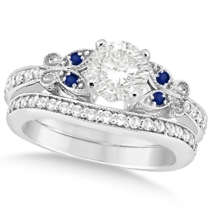 Round Diamond and Blue Sapphire Butterfly Bridal Set in 14k W Gold 1.21ct - All