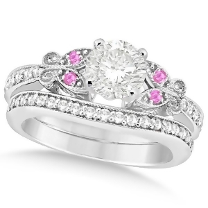 Round Diamond and Pink Sapphire Butterfly Bridal Set in 14k W Gold 0.71ct - All
