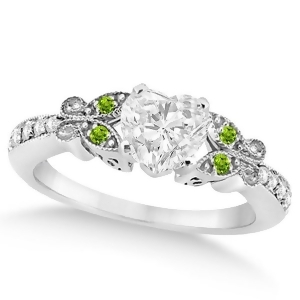 Heart Diamond and Peridot Butterfly Engagement Ring 14k W Gold 0.75ct - All