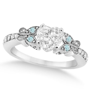 Heart Diamond and Aquamarine Butterfly Engagement Ring 14k W Gold 1.00ct - All
