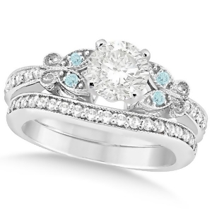 Round Diamond and Aquamarine Butterfly Bridal Set in 14k W Gold 0.96ct - All