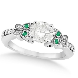 Round Diamond and Emerald Butterfly Engagement Ring in 14k W Gold 1.00ct - All