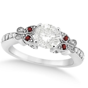 Round Diamond and Garnet Butterfly Engagement Ring in 14k W Gold 1.00ct - All