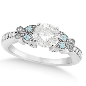 Round Diamond and Aquamarine Butterfly Engagement Ring 14k W Gold 1.00ct - All