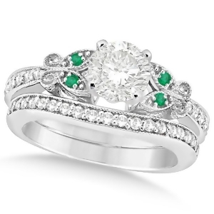 Round Diamond and Emerald Butterfly Bridal Set in 14k W Gold 1.21ct - All