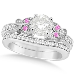 Round Diamond and Pink Sapphire Butterfly Bridal Set in 14k W Gold 1.21ct - All