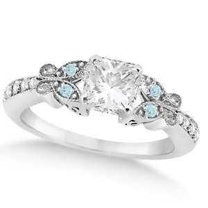 Princess Diamond and Aquamarine Butterfly Engagement Ring 14k W Gold 0.50ct - All