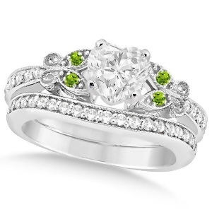 Heart Diamond and Peridot Butterfly Bridal Set in 14k W Gold 0.71ct - All