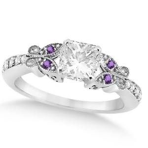 Princess Diamond and Amethyst Butterfly Engagement Ring 14k W Gold 0.50ct - All