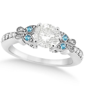 Round Diamond and Blue Topaz Butterfly Engagement Ring in 14k W Gold 1.00ct - All