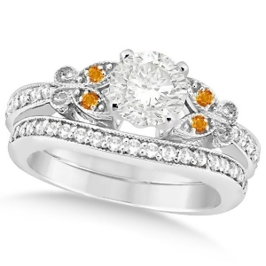 Round Diamond and Citrine Butterfly Bridal Set in 14k W Gold 0.71ct - All