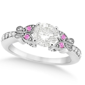 Round Diamond and Pink Sapphire Butterfly Engagement Ring 14k W Gold 1.00ct - All