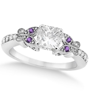 Princess Diamond and Amethyst Butterfly Engagement Ring 14k W Gold 0.75ct - All