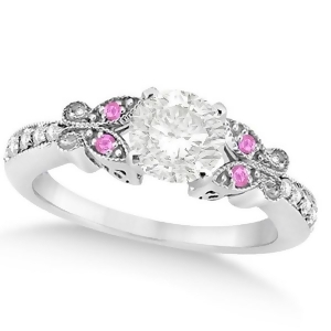 Round Diamond and Pink Sapphire Butterfly Engagement Ring 14k W Gold 0.50ct - All