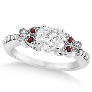Heart Diamond and Garnet Butterfly Engagement Ring 14k W Gold 0.50ct - All