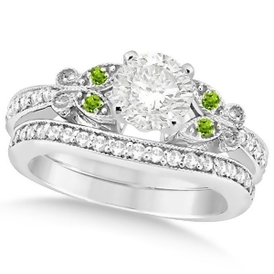 Round Diamond and Peridot Butterfly Bridal Set in 14k White Gold 0.96ct - All