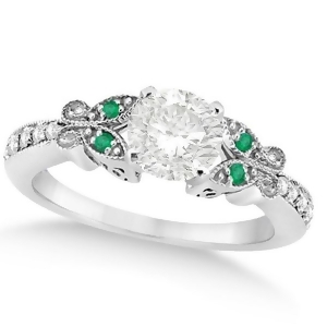 Round Diamond and Emerald Butterfly Engagement Ring in 14k W Gold 0.50ct - All