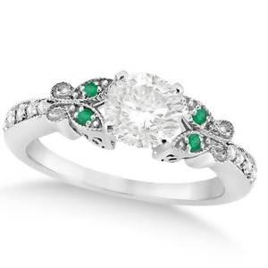 Round Diamond and Emerald Butterfly Engagement Ring in 14k W Gold 0.75ct - All