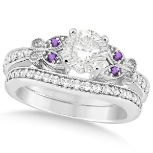 Round Diamond and Amethyst Butterfly Bridal Set in 14k W Gold 0.71ct - All